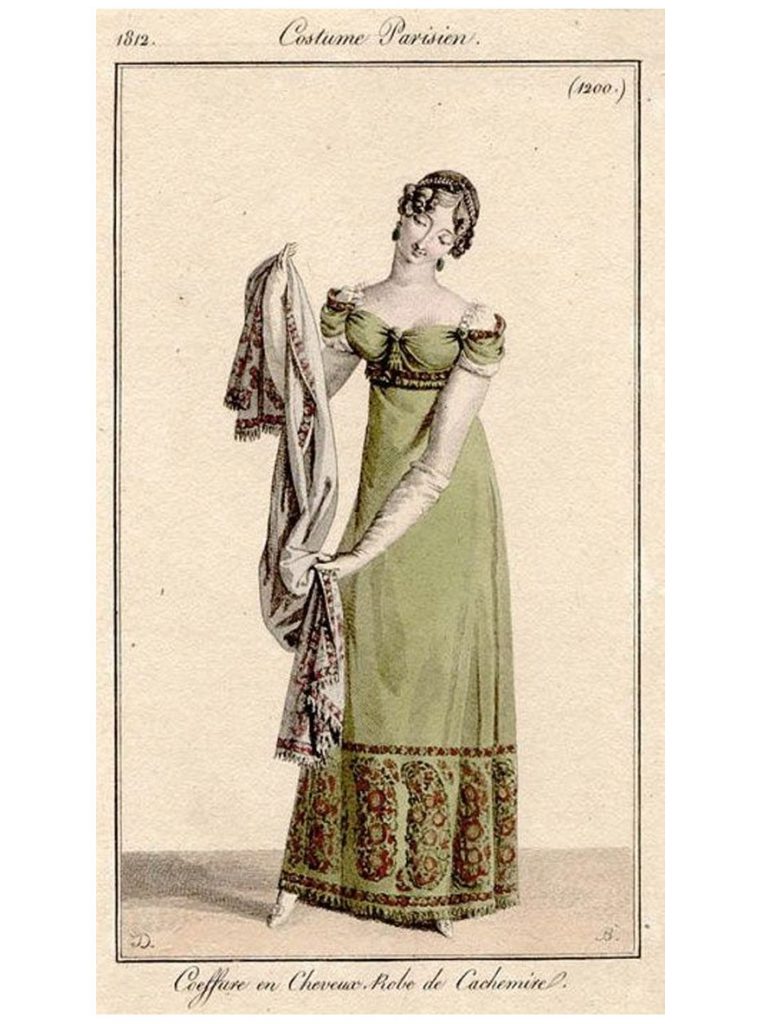 Fashion plate featuring a dress made of Kashmiri shawls, 1812 - Journey of the Kashmir shawl: Iran, west Asia and Russia
