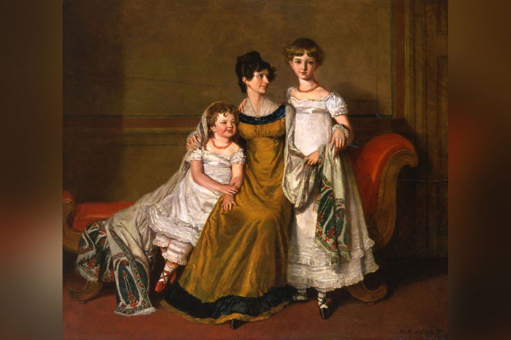 Mother and Two Children by A E Chalon, c. 1812. (courtesey of the Geffrye Museum) - Kashmiri shawls during the dogra period