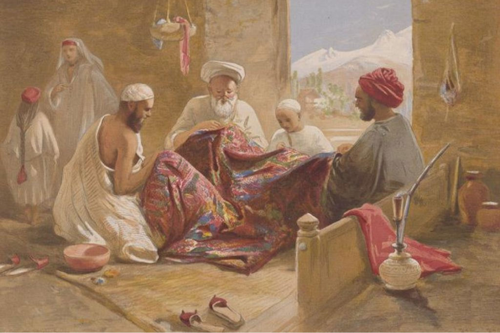 A Muslim shawl-making family shown in Cashmere shawl manufactory, 1867, chromolith., William Simpson.