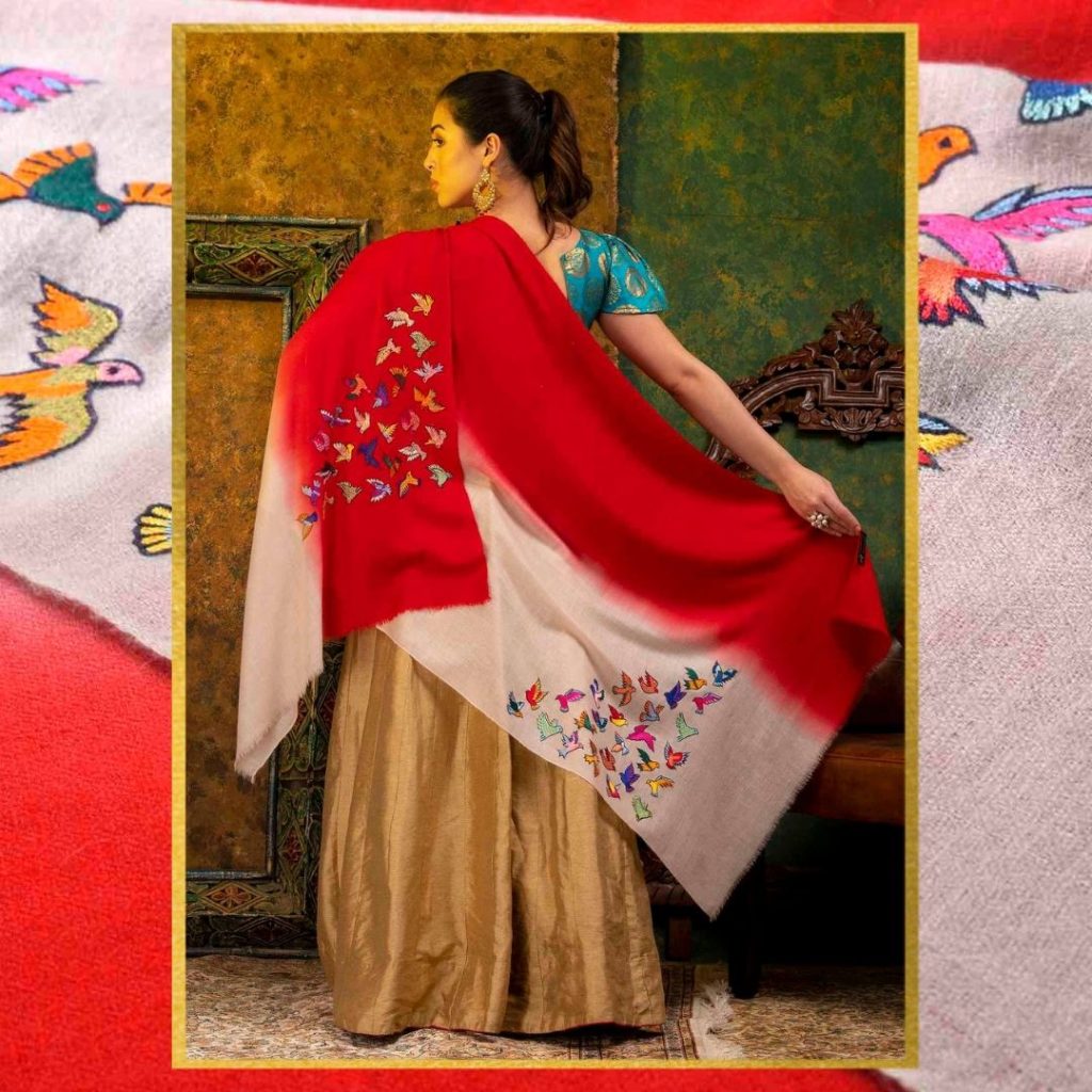 Red Birds Hand Embroidered Cashmere Wrap